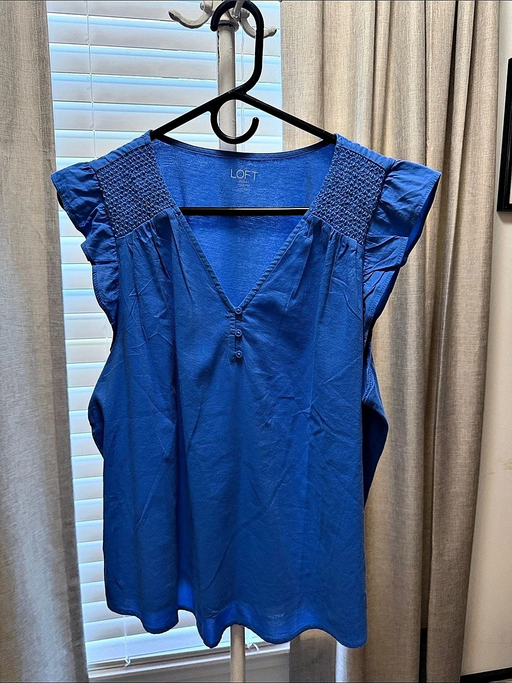 Loft Outlet Smocked Shoulder Flutter V-Neck Top Blue